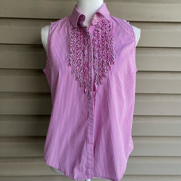 •Lauren Ralph Lauren• Pink Striped Ruffle Sleeveless Blouse - Size 12P - Picture 1 of 7
